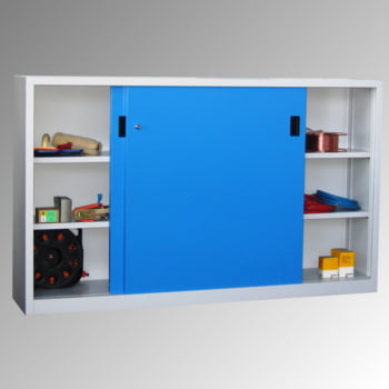 Schiebetürenschrank - Vollblechtüren - 1.200x2.000x400 mm (HxBxT) - 4 Böden, verzinkt - Zylinderschloss - lichtgrau Schiebetürenschrank - Vollblechtüren - 1.200x2.000x400 mm (HxBxT) - 4 Böden, verzinkt - Zylinderschloss - lichtgrau