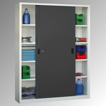 Schiebetürenschrank - Vollblechtüren - 1.950x1.500x400 mm (HxBxT) - 8 Böden, verzinkt - Zylinderschloss - lichtgrau/enzianblau Schiebetürenschrank - Vollblechtüren - 1.950x1.500x400 mm (HxBxT) - 8 Böden, verzinkt - Zylinderschloss - lichtgrau/enzianblau