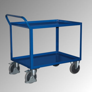 Tischwagen mit Stahlwanne - 2 Etagen - Traglast 400 kg - 695 x 995 mm (BxT) - Griff senkrecht - enzianblau Tischwagen mit Stahlwanne - 2 Etagen - Traglast 400 kg - 695 x 995 mm (BxT) - Griff senkrecht - enzianblau
