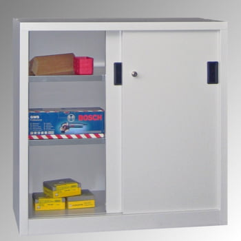 Schiebetürenschrank - Vollblechtüren - 1.000x1.000x400 mm (HxBxT) - 2 Böden, verzinkt - Zylinderschloss - lichtgrau/feuerrot Schiebetürenschrank - Vollblechtüren - 1.000x1.000x400 mm (HxBxT) - 2 Böden, verzinkt - Zylinderschloss - lichtgrau/feuerrot