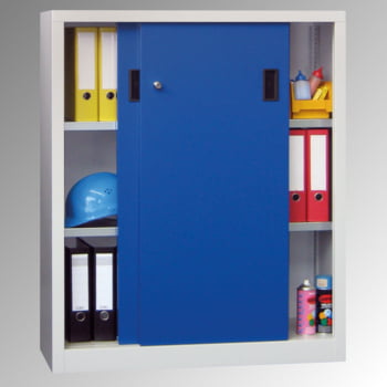 Schiebetürenschrank - Vollblechtüren - 1.200x1.000x500 mm (HxBxT) - 2 Böden, verzinkt - Zylinderschloss - lichtgrau/feuerrot Schiebetürenschrank - Vollblechtüren - 1.200x1.000x500 mm (HxBxT) - 2 Böden, verzinkt - Zylinderschloss - lichtgrau/feuerrot
