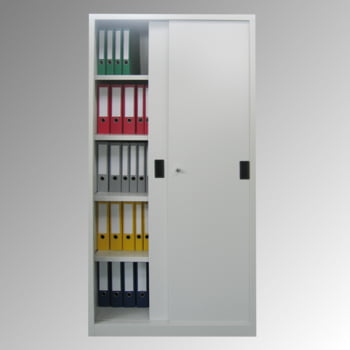 Schiebetürenschrank - Vollblechtüren - 1.950x1.000x400 mm (HxBxT) - 4 Böden, verzinkt - Zylinderschloss - lichtgrau Schiebetürenschrank - Vollblechtüren - 1.950x1.000x400 mm (HxBxT) - 4 Böden, verzinkt - Zylinderschloss - lichtgrau