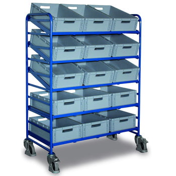 Eurokastenwagen mit 15 Kunststoff-Kästen - 5 Etagen - Ladefläche 1.240 x 610 mm - Traglast 250 kg - enzianblau Eurokastenwagen mit 15 Kunststoff-Kästen - 5 Etagen - Ladefläche 1.240 x 610 mm - Traglast 250 kg - enzianblau