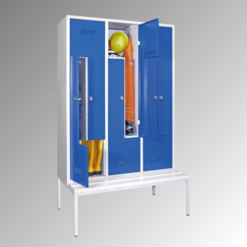 Z-Kleiderschrank m. Sitzbankuntergestell - Höhe 210 cm - 6 Fächer - Drehriegel - lichtgrau/enzianblau Z-Kleiderschrank m. Sitzbankuntergestell - Höhe 210 cm - 6 Fächer - Drehriegel - lichtgrau/enzianblau