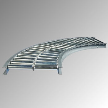 Schwerlast-Rollenbahn Kurve - Bahnbreite 600 mm - Achsabstand 104 mm - Stahlrollen - Winkel 45 Grad Schwerlast-Rollenbahn Kurve - Bahnbreite 600 mm - Achsabstand 104 mm - Stahlrollen - Winkel 45 Grad