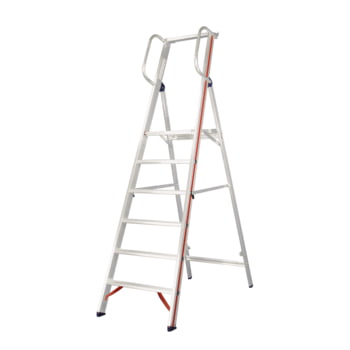 Plattformleiter mit Handlauf - Leiterlänge 3.950 mm - mit Einhängehaken und Ablageschale - Aluleiter - Hymer Plattformleiter mit Handlauf - Leiterlänge 3.950 mm - mit Einhängehaken und Ablageschale - Aluleiter - Hymer