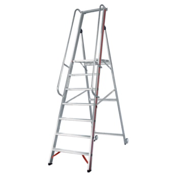 Plattformleiter mit langem Handlauf - Kipprollen - Leiterlänge 2.550 mm - mit Einhängehaken und Ablageschale - Aluleiter - Hymer Plattformleiter mit langem Handlauf - Kipprollen - Leiterlänge 2.550 mm - mit Einhängehaken und Ablageschale - Aluleiter - Hymer