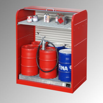 Gefahrstoffschrank mit Rollladen - für 6 x 60-l-Fass - 1 Gitterrostboden- feuerrot Gefahrstoffschrank mit Rollladen - für 6 x 60-l-Fass - 1 Gitterrostboden- feuerrot