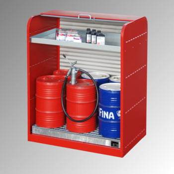 Gefahrstoffschrank mit Rollladen - für 6 x 60-l-Fass - 1 Kleingebindewanne - feuerrot Gefahrstoffschrank mit Rollladen - für 6 x 60-l-Fass - 1 Kleingebindewanne - feuerrot