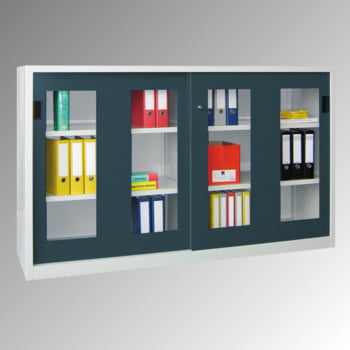 Schiebetürenschrank - Sichtfenstertüren - 1.200x2.000x400 mm (HxBxT) - 4 Böden, verzinkt - Zylinderschloss - lichtgrau/feuerrot Produktbild 0 Schiebetürenschrank - Sichtfenstertüren - 1.200x2.000x400 mm (HxBxT) - 4 Böden, verzinkt - Zylinderschloss - lichtgrau/feuerrot online kaufen - Verwendung 0