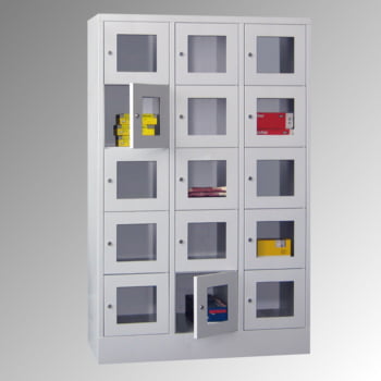 Schließfachschrank - Sichtfenstertüren - 15 Fächer a 400 mm - 1.850x1.230x500 mm (HxBxT) - Sockel - Zylinderschloss - enzianblau Produktbild 0 Schließfachschrank - Sichtfenstertüren - 15 Fächer a 400 mm - 1.850x1.230x500 mm (HxBxT) - Sockel - Zylinderschloss - enzianblau online kaufen - Verwendung 0