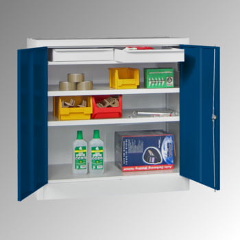 Stahlschrank - Vollblechtür - Zylinderschloss - 2 Einlegeböden, 2 Schubladen - 1.000x1.000x500 mm (HxBxT) - lichtgrau/enzianblau Stahlschrank - Vollblechtür - Zylinderschloss - 2 Einlegeböden, 2 Schubladen - 1.000x1.000x500 mm (HxBxT) - lichtgrau/enzianblau