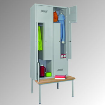 Z-Kleiderschrank m. Sitzbankuntergestell - Buchenleisten - 2.100x830x800 mm (HxBxT) - 4 Fächer - Drehriegel- lichtgrau/lichtblau Z-Kleiderschrank m. Sitzbankuntergestell - Buchenleisten - 2.100x830x800 mm (HxBxT) - 4 Fächer - Drehriegel- lichtgrau/lichtblau