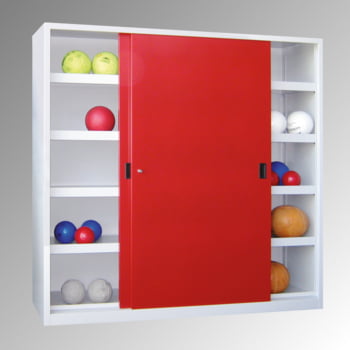 Ballschrank - Schiebetüren - Trennwand - 8 Böden - 1.950x1.500x600 mm (HxBxT) - lichtgrau/resedagrün Ballschrank - Schiebetüren - Trennwand - 8 Böden - 1.950x1.500x600 mm (HxBxT) - lichtgrau/resedagrün