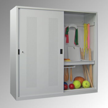 Ballschrank - Schiebetüren mit Lochfeld - Trennwand - 1.950x2.000x600 mm (HxBxT) - lichtgrau Ballschrank - Schiebetüren mit Lochfeld - Trennwand - 1.950x2.000x600 mm (HxBxT) - lichtgrau