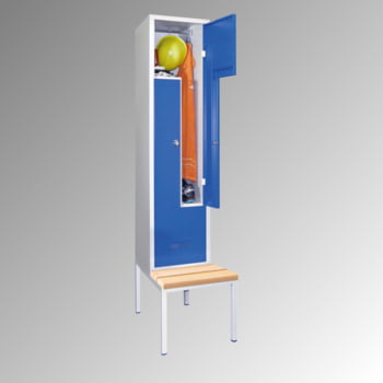 Z-Kleiderschrank m. Sitzbankuntergestell - Buchenleisten - 2.100x430x800 mm (HxBxT) - 2 Fächer - Drehriegel - lichtgrau/lichtblau Z-Kleiderschrank m. Sitzbankuntergestell - Buchenleisten - 2.100x430x800 mm (HxBxT) - 2 Fächer - Drehriegel - lichtgrau/lichtblau