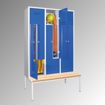 Z-Kleiderschrank m. Sitzbankuntergestell - Buchenleisten - 2.100x1.230x800 mm (HxBxT) - 6 Fächer - Drehriegel - lichtgrau Z-Kleiderschrank m. Sitzbankuntergestell - Buchenleisten - 2.100x1.230x800 mm (HxBxT) - 6 Fächer - Drehriegel - lichtgrau
