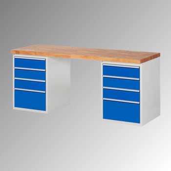 Werkbank - 8 Schubladen, 150 / 270 mm - Teilauszug - Buchenplatte - Tragkraft 1.000 kg - 840 x 2.000 x 700 mm (HxBxT) - lichtgrau/enzianblau Werkbank - 8 Schubladen, 150 / 270 mm - Teilauszug - Buchenplatte - Tragkraft 1.000 kg - 840 x 2.000 x 700 mm (HxBxT) - lichtgrau/enzianblau