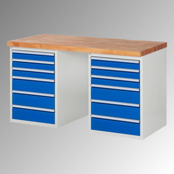 Werkbank - 12 Schubladen, 90 / 150 mm - Teilauszug - Buchenplatte - Tragkraft 1.000 kg - 840 x 1.500 x 900 mm (HxBxT) - lichtgrau/enzianblau Werkbank - 12 Schubladen, 90 / 150 mm - Teilauszug - Buchenplatte - Tragkraft 1.000 kg - 840 x 1.500 x 900 mm (HxBxT) - lichtgrau/enzianblau
