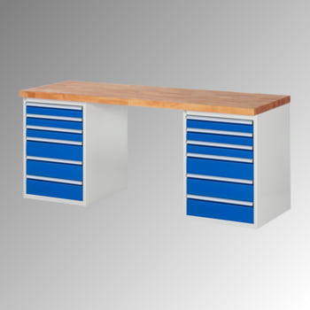 Werkbank - 12 Schubladen, 90 / 150 mm - Teilauszug - Buchenplatte - Tragkraft 1.000 kg - 840 x 2.000 x 700 mm (HxBxT) - lichtgrau/enzianblau Werkbank - 12 Schubladen, 90 / 150 mm - Teilauszug - Buchenplatte - Tragkraft 1.000 kg - 840 x 2.000 x 700 mm (HxBxT) - lichtgrau/enzianblau