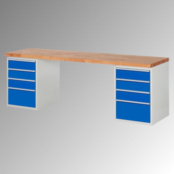 Werkbank - 8 Schubladen, 150 / 270 mm - Teilauszug - Buchenplatte - Tragkraft 1.000 kg - 840 x 2.500 x 700 mm (HxBxT) - lichtgrau/enzianblau Werkbank - 8 Schubladen, 150 / 270 mm - Teilauszug - Buchenplatte - Tragkraft 1.000 kg - 840 x 2.500 x 700 mm (HxBxT) - lichtgrau/enzianblau