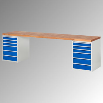 Werkbank - 12 Schubladen, 90 / 150 mm - Teilauszug - Buchenplatte - Tragkraft 1.000 kg - 840 x 3.000 x 700 mm (HxBxT) - lichtgrau/enzianblau Werkbank - 12 Schubladen, 90 / 150 mm - Teilauszug - Buchenplatte - Tragkraft 1.000 kg - 840 x 3.000 x 700 mm (HxBxT) - lichtgrau/enzianblau