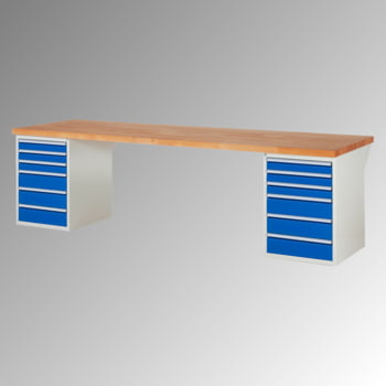 Werkbank - 12 Schubladen, 90 / 150 mm - Teilauszug - Buchenplatte - Tragkraft 1.000 kg - 840 x 3.000 x 900 mm (HxBxT) - lichtgrau/enzianblau Werkbank - 12 Schubladen, 90 / 150 mm - Teilauszug - Buchenplatte - Tragkraft 1.000 kg - 840 x 3.000 x 900 mm (HxBxT) - lichtgrau/enzianblau