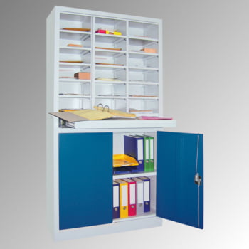 Aktenschrank - Büroschrank mit Sortierstation - 18 Fächer Ordnungsregal - Ausziehboden - 1.950 x 1.000 x 400 mm (HxBxT) - lichtgrau/enzianblau Aktenschrank - Büroschrank mit Sortierstation - 18 Fächer Ordnungsregal - Ausziehboden - 1.950 x 1.000 x 400 mm (HxBxT) - lichtgrau/enzianblau