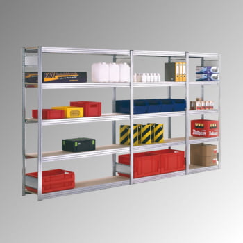 Fachbodenregal mit Tiefenriegel - Holzböden - 350 kg - (HxBxT) 2.000 x 1.695 x 400 mm - Grundregal - verzinkt Fachbodenregal mit Tiefenriegel - Holzböden - 350 kg - (HxBxT) 2.000 x 1.695 x 400 mm - Grundregal - verzinkt