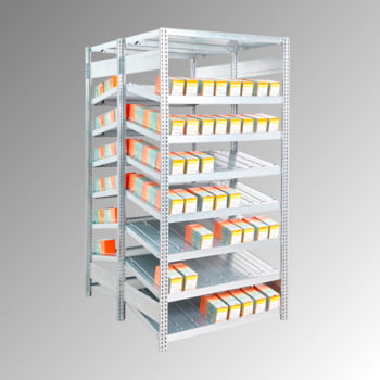 Schrägbodenregal, doppelseitig - 250 kg - 2.000 x 1.005 x 1.252 mm (HxBxT) - Anbauregal - verzinkt Schrägbodenregal, doppelseitig - 250 kg - 2.000 x 1.005 x 1.252 mm (HxBxT) - Anbauregal - verzinkt