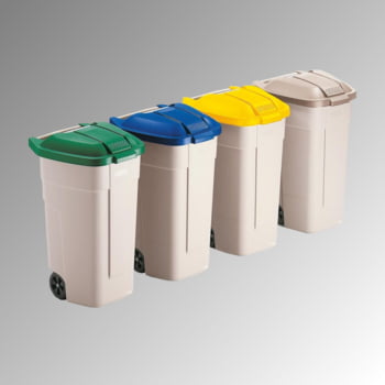 Mülltonnen mit Rädern - Volumen 100 l - 800 x 515 x 525 mm (HxBxT) - Behälter beige - Deckel grün Mülltonnen mit Rädern - Volumen 100 l - 800 x 515 x 525 mm (HxBxT) - Behälter beige - Deckel grün