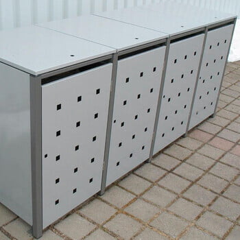 Mülltonnenverkleidung mit Klappdach - für 1 Tonnen - 3/5 Stanzung - 1.160 x 680 x 830 mm (HxBxT) - Korpus anthrazitgrau - Pfosten Signalgrau Mülltonnenverkleidung mit Klappdach - für 1 Tonnen - 3/5 Stanzung - 1.160 x 680 x 830 mm (HxBxT) - Korpus anthrazitgrau - Pfosten Signalgrau
