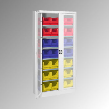 Magazinschrank - Flügeltürenschrank mit Sichtfenster - 5 Fachböden - bestückt mit 12 Sichtlagerkästen - 1950 x 950 x 420 mm (HxBxT) - Farbe lichtgrau Magazinschrank - Flügeltürenschrank mit Sichtfenster - 5 Fachböden - bestückt mit 12 Sichtlagerkästen - 1950 x 950 x 420 mm (HxBxT) - Farbe lichtgrau