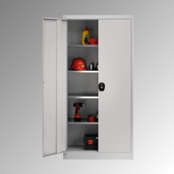 Universal Stahlschrank mit Flügeltüren - 4 Fachböden - Farbe lichtgrau - 1950 x 950 x 420 mm (HxBxT) Universal Stahlschrank mit Flügeltüren - 4 Fachböden - Farbe lichtgrau - 1950 x 950 x 420 mm (HxBxT)