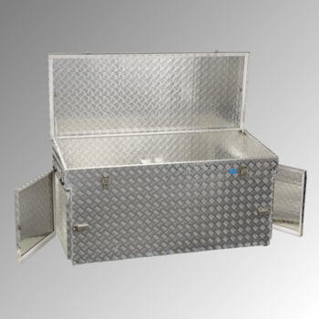 Riffelblech Aluminiumbox - Deckel mit Gasdruckdämpfer - Griffe und Verschlüsse aus Edelstahl - mit seitlichen Türen - Volumen 883 Liter Riffelblech Aluminiumbox - Deckel mit Gasdruckdämpfer - Griffe und Verschlüsse aus Edelstahl - mit seitlichen Türen - Volumen 883 Liter