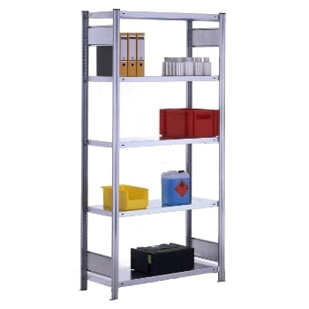 Fachbodenregal mit Tiefenriegel - 150 kg - (HxBxT) 2.000 x 1.005 x 600 mm - Grundregal - verzinkt 4 Böden Fachbodenregal mit Tiefenriegel - 150 kg - (HxBxT) 2.000 x 1.005 x 600 mm - Grundregal - verzinkt 4 Böden