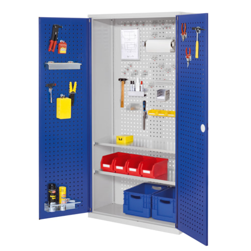 Beispielabbildung Werkzeugschrank: hier mit Türen in enzianblau (Werkzeug, Werkzeughalter u. Kisten nicht im Lieferumfang enthalten)