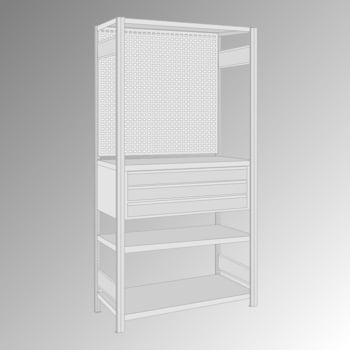 Fachbodenregal mit Lochwand - 150 kg - 4 Fachböden - 3 Schubladen - 2.000 x 1.005 x 500 mm (HxBxT) - Grundregal - verzinkt Fachbodenregal mit Lochwand - 150 kg - 4 Fachböden - 3 Schubladen - 2.000 x 1.005 x 500 mm (HxBxT) - Grundregal - verzinkt