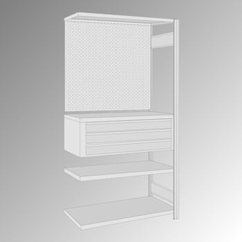 Fachbodenregal mit Lochwand - 150 kg - 4 Fachböden - 3 Schubladen - 2.000 x 1.005 x 500 mm (HxBxT) - Anbauregal - verzinkt Fachbodenregal mit Lochwand - 150 kg - 4 Fachböden - 3 Schubladen - 2.000 x 1.005 x 500 mm (HxBxT) - Anbauregal - verzinkt