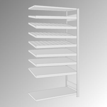 Fachbodenregal mit Lochwand - 150 kg - 2 Fachböden - 7 Schrägböden - 2.000 x 1.005 x 500 mm (HxBxT) - Anbauregal - verzinkt Fachbodenregal mit Lochwand - 150 kg - 2 Fachböden - 7 Schrägböden - 2.000 x 1.005 x 500 mm (HxBxT) - Anbauregal - verzinkt
