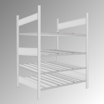 Schrägbodenregal mit 4 Rollenbahnen - 150 kg - 4 Böden - 2.000 x 1.460 x 1.295 mm (HxBxT) - Grundregal - verzinkt Schrägbodenregal mit 4 Rollenbahnen - 150 kg - 4 Böden - 2.000 x 1.460 x 1.295 mm (HxBxT) - Grundregal - verzinkt