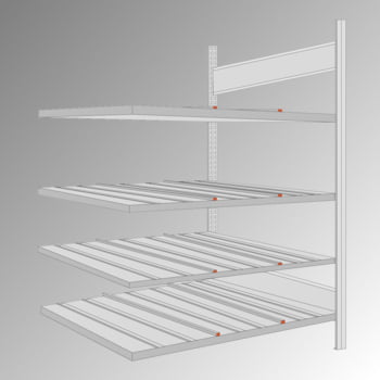 Schrägbodenregal mit 3 Rollenbahnen - 150 kg - 4 Böden - 2.000 x 1.404 x 1.295 mm (HxBxT) - Anbauregal - verzinkt Schrägbodenregal mit 3 Rollenbahnen - 150 kg - 4 Böden - 2.000 x 1.404 x 1.295 mm (HxBxT) - Anbauregal - verzinkt