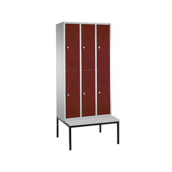 Garderobenschrank, Spind, Umkleide, 2 x 3 Abteile je 300 mm, Kunststoff Sitzbank untergebaut, Türfarbe rubinrot, 2.090 x 900 x 815 mm (HxBxT) Garderobenschrank, Spind, Umkleide, 2 x 3 Abteile je 300 mm, Kunststoff Sitzbank untergebaut, Türfarbe rubinrot, 2.090 x 900 x 815 mm (HxBxT)