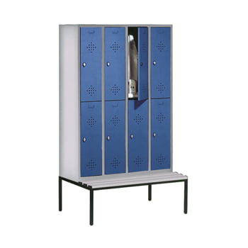 Garderobenschrank, Spind, Umkleide, 2 x 4 Abteile je 300 mm, Kunststoff Sitzbank untergebaut, Türfarbe lichtblau, 2.090 x 1.190 x 815 mm (HxBxT) Garderobenschrank, Spind, Umkleide, 2 x 4 Abteile je 300 mm, Kunststoff Sitzbank untergebaut, Türfarbe lichtblau, 2.090 x 1.190 x 815 mm (HxBxT)
