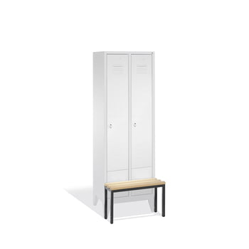 Stahl-Garderobenschrank, Umkleide, Spindschrank, Holzbank vorgebaut, 2 Abteile je 300 mm, Türfarbe lichtgrau (RAL 7035), 1850 x 610 x 815 mm (HxBxT) Produktbild 0 Stahl-Garderobenschrank, Umkleide, Spindschrank, Holzbank vorgebaut, 2 Abteile je 300 mm, Türfarbe lichtgrau (RAL 7035), 1850 x 610 x 815 mm (HxBxT) online kaufen - Verwendung 0