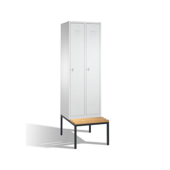Stahl-Garderobenschrank, Umkleide, Spindschrank, Holzbank untergeb., 2 Abteile 300 mm, Türfarbe lichtgrau (RAL 7035), 2.090 x 610 x 815 mm (HxBxT) Stahl-Garderobenschrank, Umkleide, Spindschrank, Holzbank untergeb., 2 Abteile 300 mm, Türfarbe lichtgrau (RAL 7035), 2.090 x 610 x 815 mm (HxBxT)