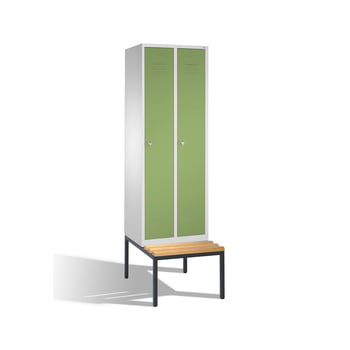 Stahl-Garderobenschrank, Umkleide, Spindschrank, Holzbank untergeb., 2 Abteile 400 mm, Türfarbe resedagrün (RAL 6011), 2.090 x 810 x 815 mm (HxBxT) Stahl-Garderobenschrank, Umkleide, Spindschrank, Holzbank untergeb., 2 Abteile 400 mm, Türfarbe resedagrün (RAL 6011), 2.090 x 810 x 815 mm (HxBxT)