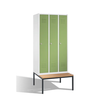 Stahl-Garderobenschrank, Umkleide, Spindschrank, Holzbank untergeb., 3 Abteile 400 mm, Türfarbe resedagrün (RAL 6011), 2.090 x 1.200 x 815mm (HxBxT) Stahl-Garderobenschrank, Umkleide, Spindschrank, Holzbank untergeb., 3 Abteile 400 mm, Türfarbe resedagrün (RAL 6011), 2.090 x 1.200 x 815mm (HxBxT)