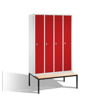 Stahl-Garderobenschrank, Umkleide, Spindschrank, Holzbank untergeb., 4 Abteile 300 mm, Türfarbe rubinrot (RAL 3003), 2.090 x 1.190 x 815mm (HxBxT) Stahl-Garderobenschrank, Umkleide, Spindschrank, Holzbank untergeb., 4 Abteile 300 mm, Türfarbe rubinrot (RAL 3003), 2.090 x 1.190 x 815mm (HxBxT)