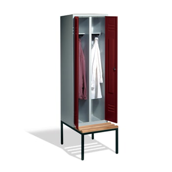 Doppel-Spindschrank mit Doppeltür, Umkleide, Garderobe, Sitzbank aus Holz, 2 Abteile a 300 mm, Türfarbe rubinrot, 2.090 x 610 x 815 mm (HxBxT) Doppel-Spindschrank mit Doppeltür, Umkleide, Garderobe, Sitzbank aus Holz, 2 Abteile a 300 mm, Türfarbe rubinrot, 2.090 x 610 x 815 mm (HxBxT)